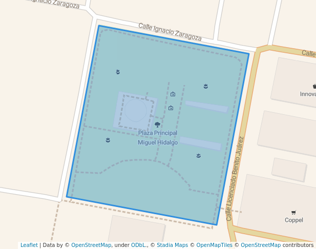 walking in Plaza Principal Miguel Hidalgo map in Reynosa