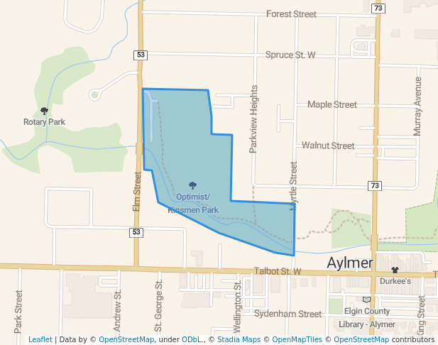 walking in Optimist/Kinsmen Park map in Aylmer