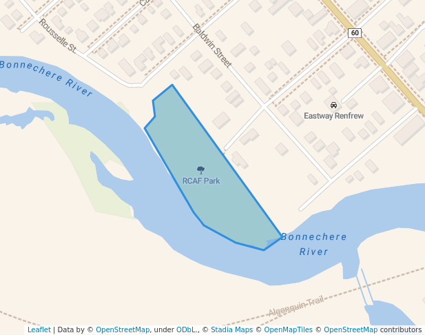 walking in RCAF Park map in Renfrew