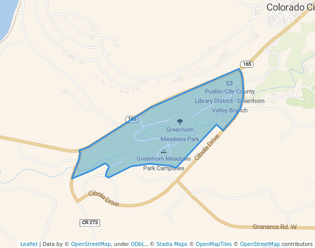 walking in Greenhorn Meadows Park map in Colorado City