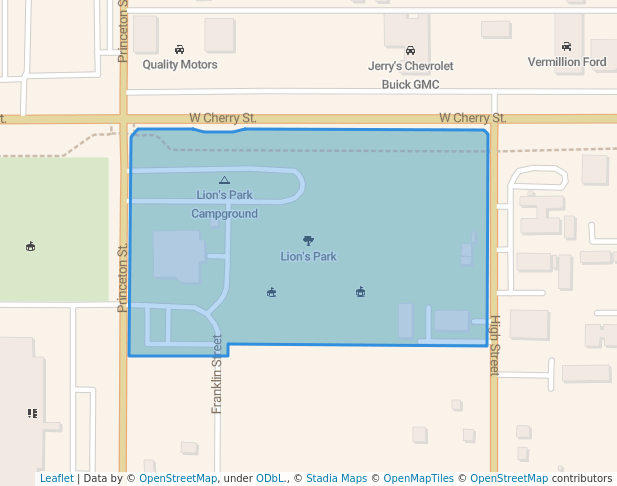 walking in Lion's Park map in Vermillion