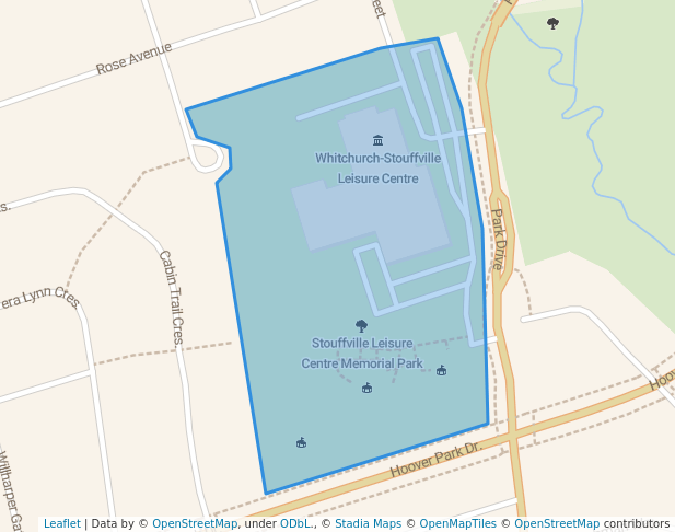 walking in Stouffville Leisure Centre Memorial Park map in Whitchurch-Stouffville