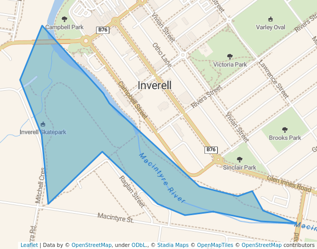 walking in Lions Park map in Inverell