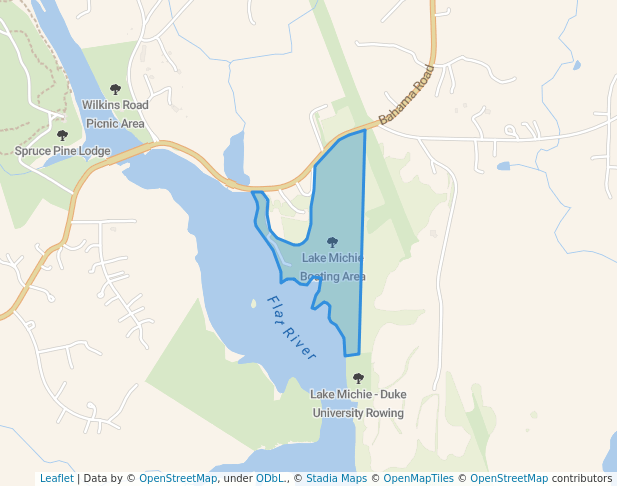 walking in Lake Michie Boating Area map in Bahama