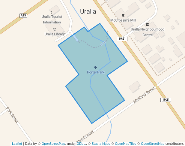 walking in Porter Park map in Uralla