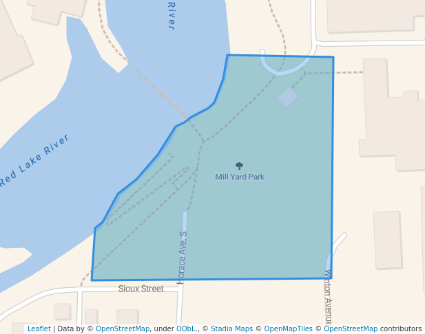 walking in Mill Yard Park map in Thief River Falls