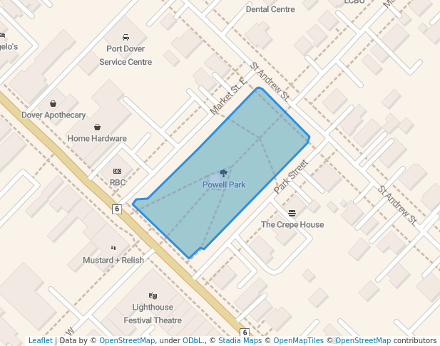 walking in Powell Park map in Port Dover