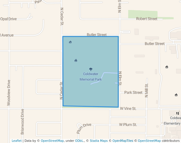 walking in Coldwater Memorial Park map in Coldwater