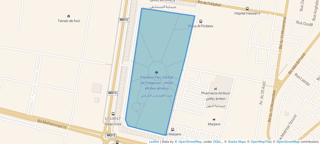 walking in Paradise Parc Central (Al Firdaouss) - منتزه الفردوس المركزي map in Khouribga