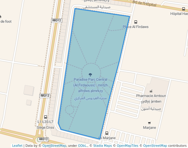 walking in Paradise Parc Central (Al Firdaouss) - منتزه الفردوس المركزي map in Khouribga