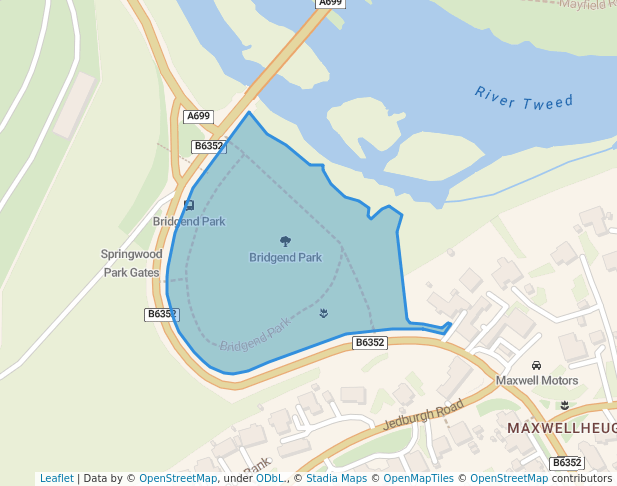 walking in Bridgend Park map in Kelso