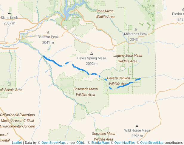 walking in Cereza Canyon Riparian Area map in Blanco
