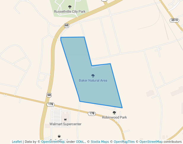 walking in Baker Natural Area map in Russellville