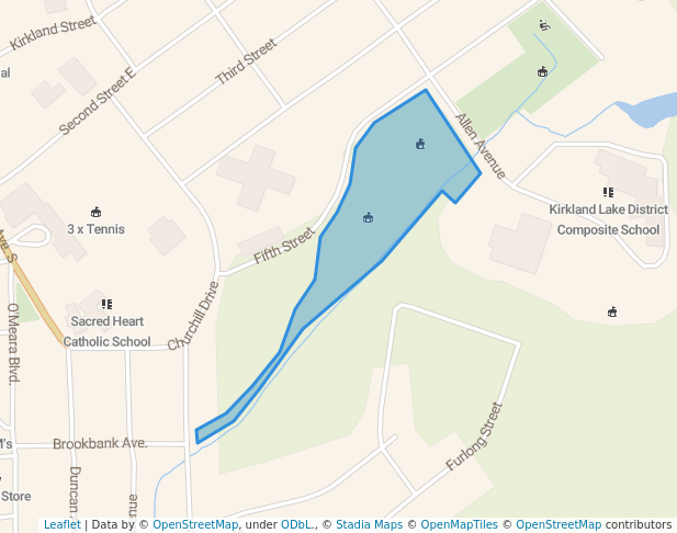 walking in Baird Baseball Park map in Kirkland Lake