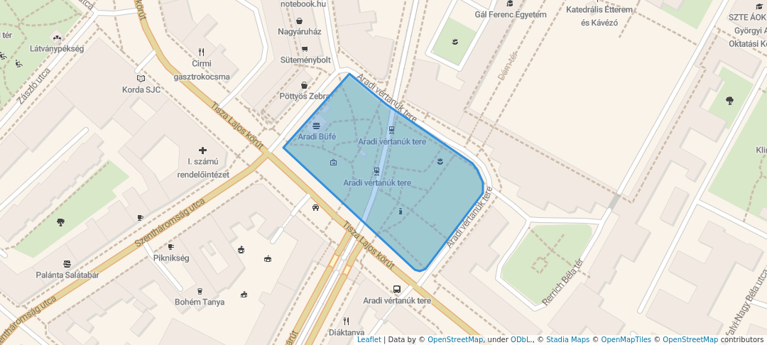 walking in Aradi vértanúk tere map in Szeged