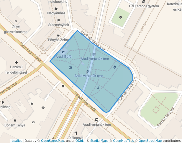 walking in Aradi vértanúk tere map in Szeged