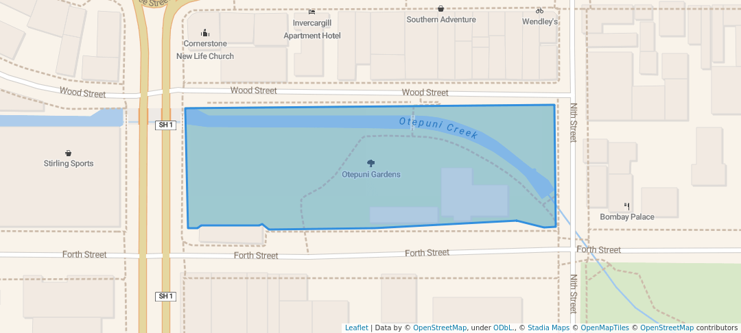 walking in Otepuni Gardens map in Invercargill