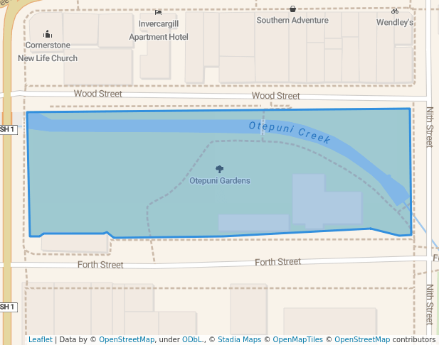 walking in Otepuni Gardens map in Invercargill