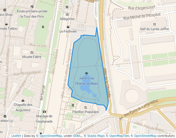 walking in Jardins du Champ de Mars map in Montpellier