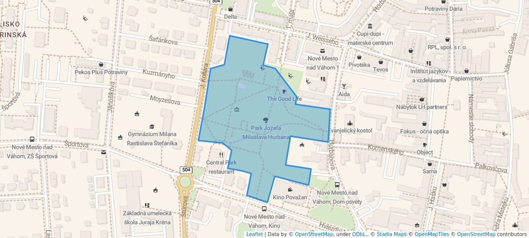 walking in Park Jozefa Miloslava Hurbana map in Nové Mesto nad Váhom
