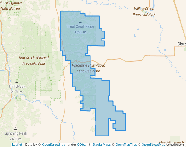 walking in Porcupine Hills Public Land Use Zone map in Claresholm
