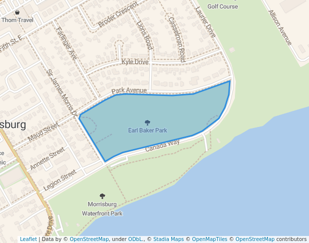 walking in Earl Baker Park map in Morrisburg