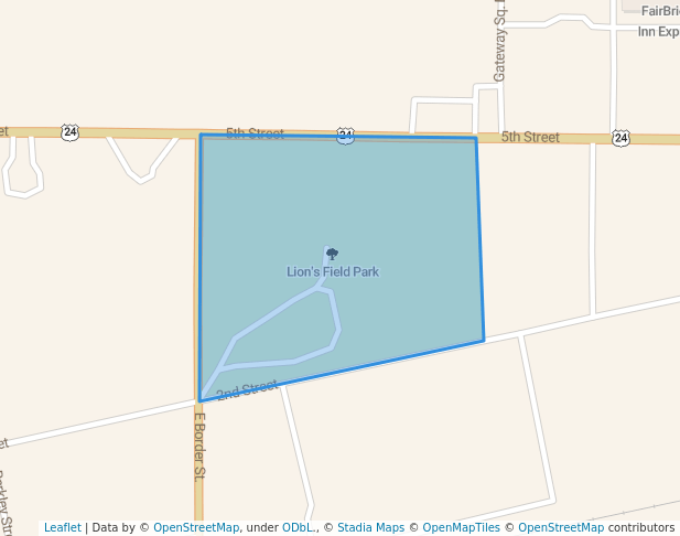 walking in Lion's Field Park map in Monroe City