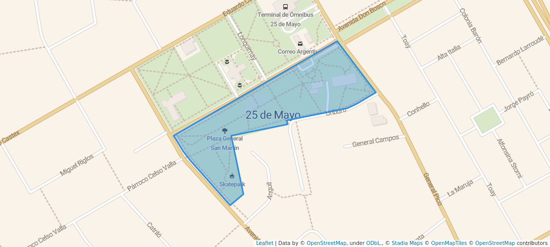 walking in Plaza General San Martín map in 25 de Mayo