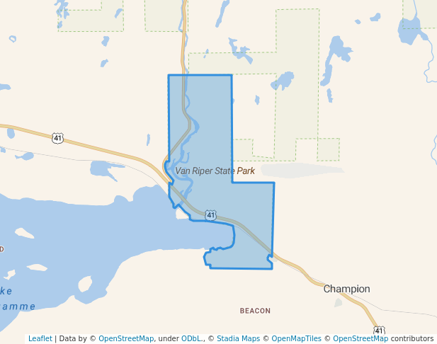 walking in Van Riper State Park map in Champion