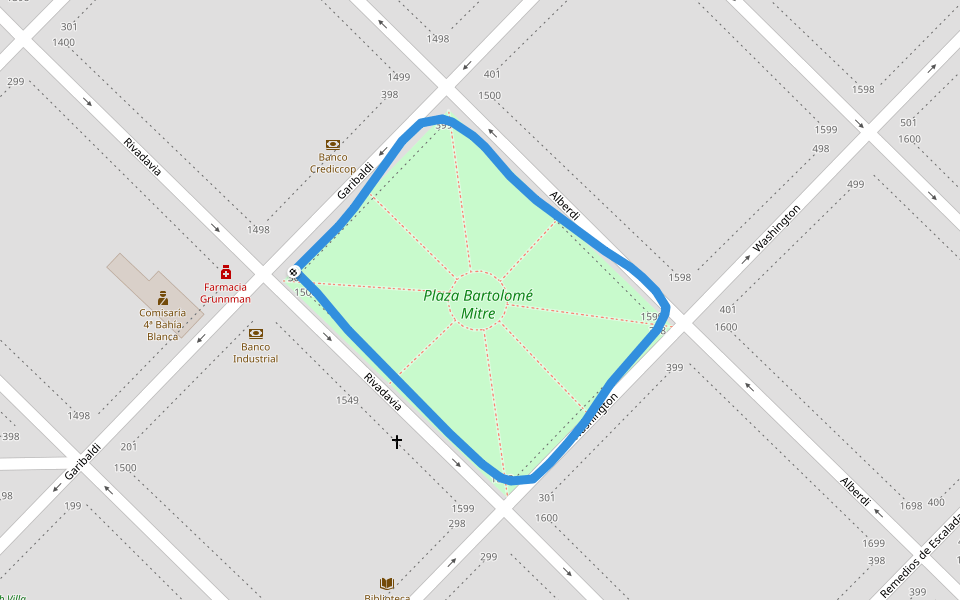 Plaza Bartolomé Mitre walking route map in Bahía Blanca