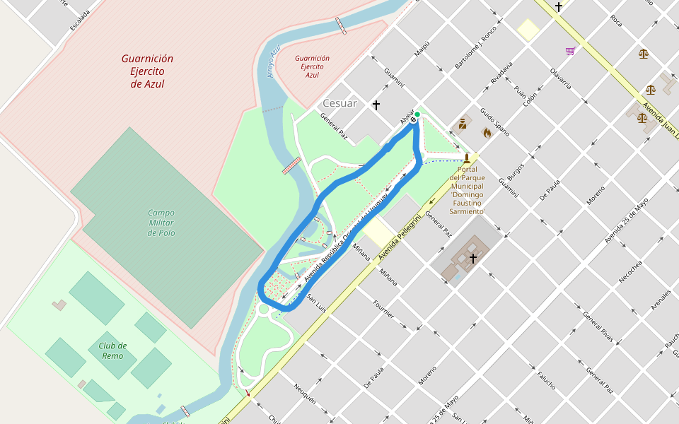 Parque Municipal Domingo Faustino Sarmiento walking route map in Azul
