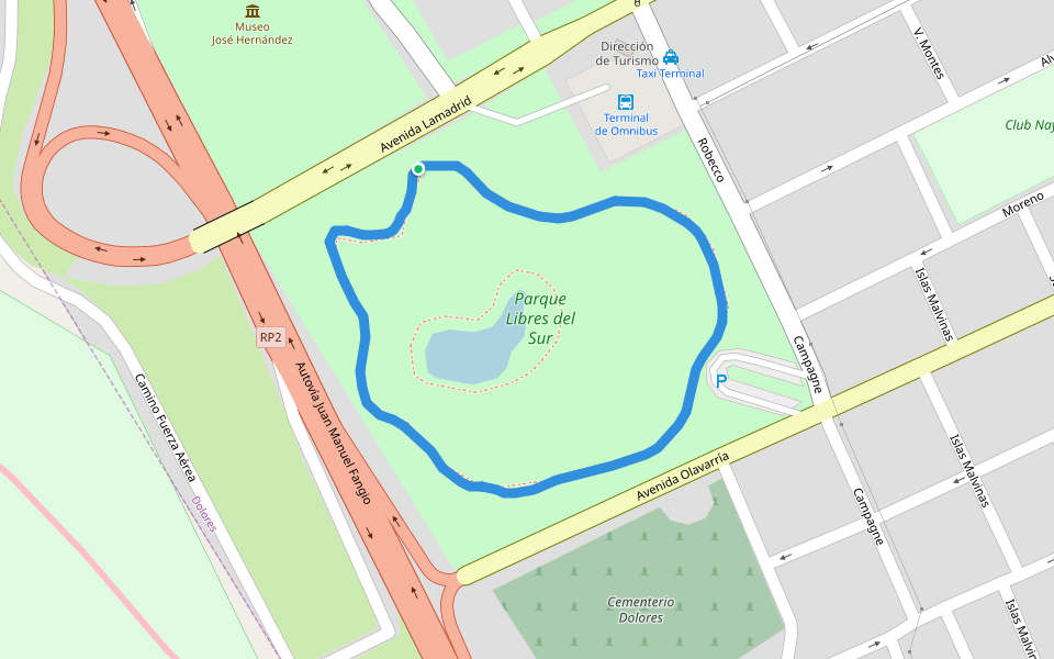 Parque Libres del Sur walking route map in Dolores