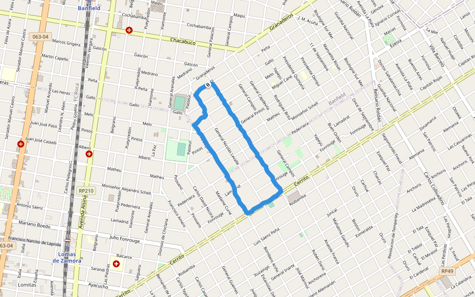 Plaza Nicora walking route map in Banfield