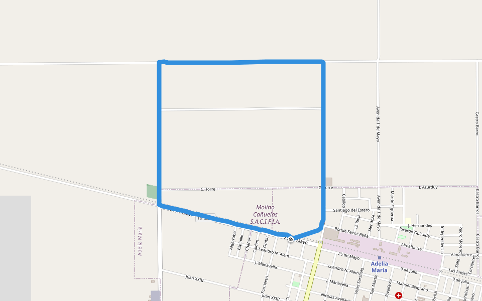 Veteranos Futbol Club walking route map in Adelia María