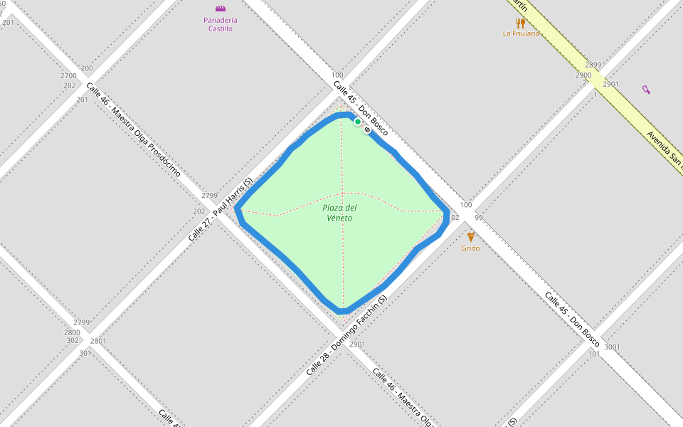 Plaza del Véneto walking route map in Colonia Caroya