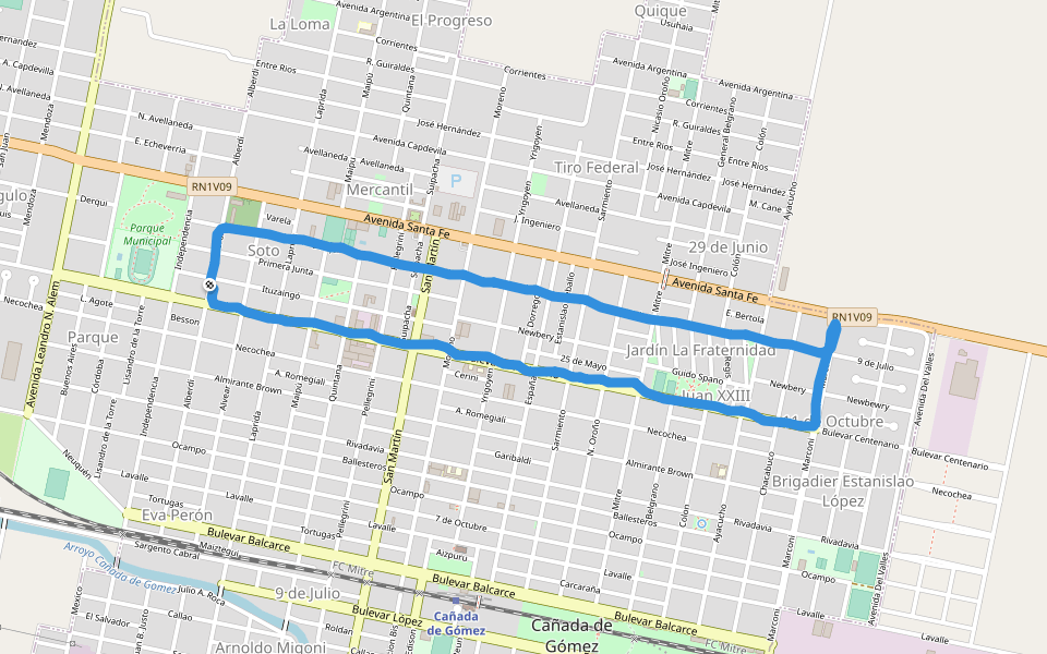 Parque Ferroviario walking route map in Cañada de Gomez