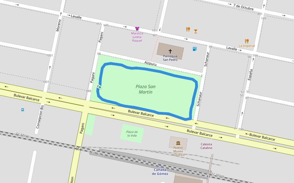 Plaza San Martín walking route map in Cañada de Gomez