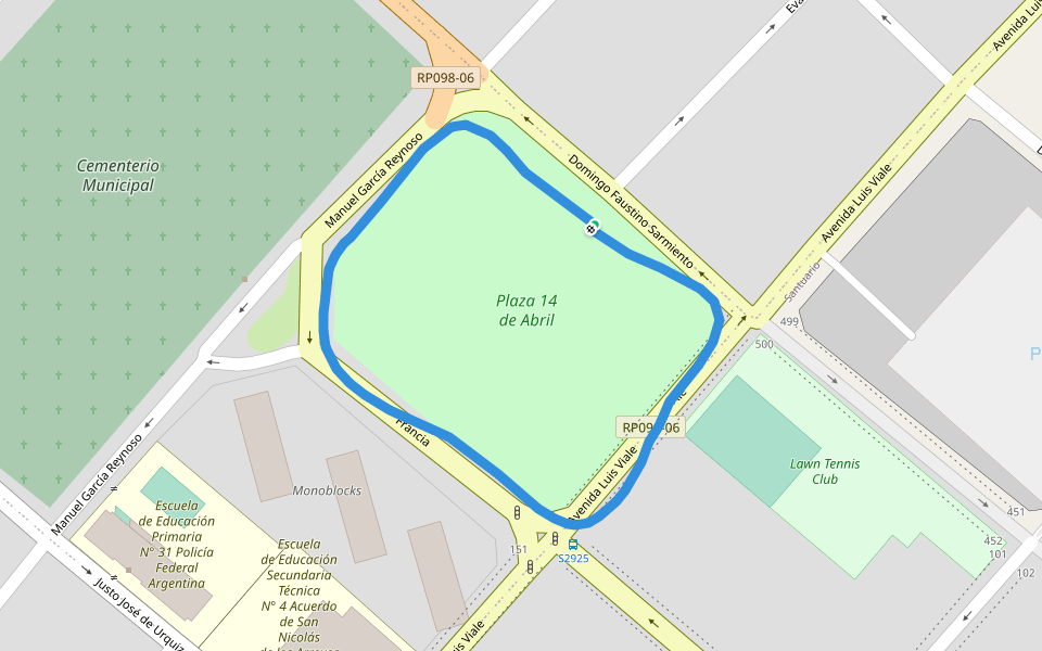 Plaza 14 de Abril walking route map in San Nicolás de Los Arroyos