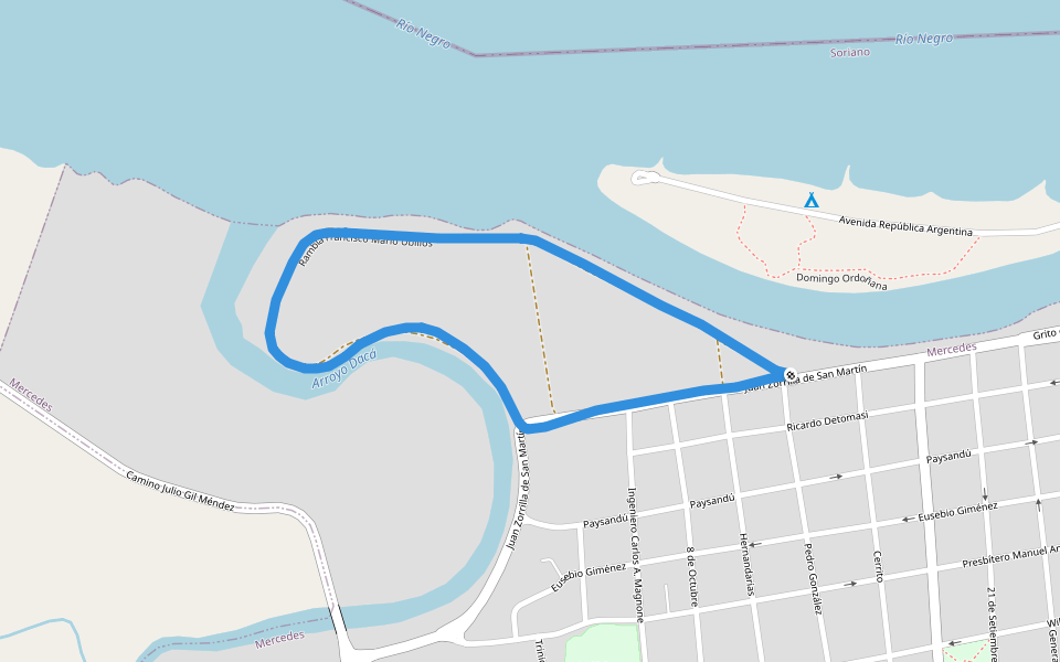 Río Negro walking route map in Villa Soriano