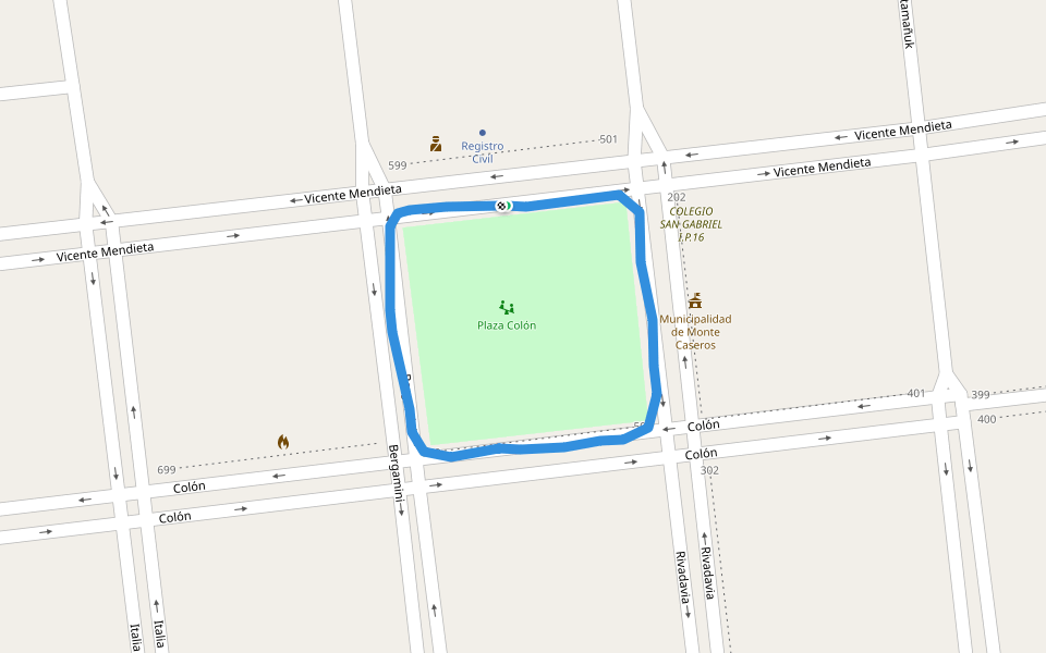 Plaza Colón walking route map in Monte Caseros