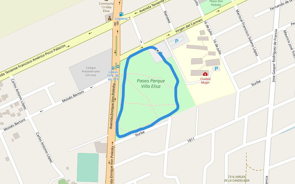 Paseo Parque Villa Elisa walking route map in Areguá