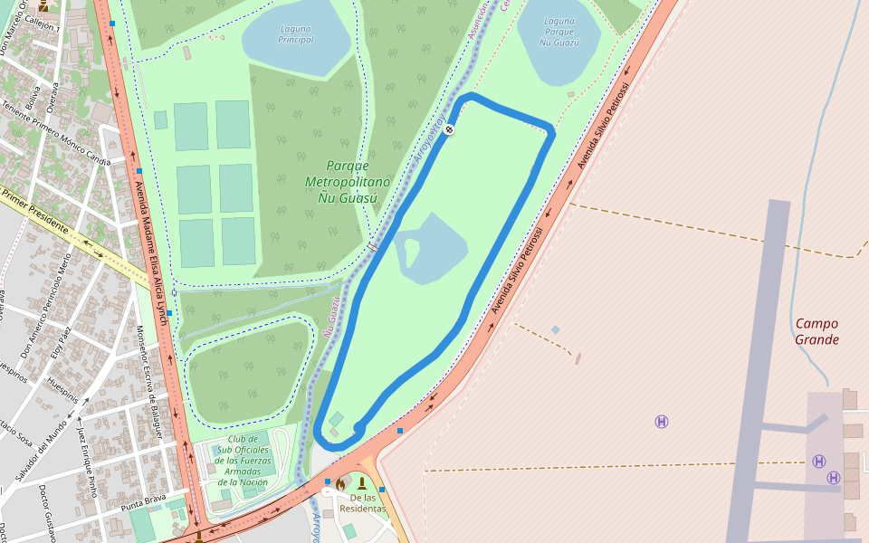 Parque Metropolitano Ñu Guasú walking route map in Itá