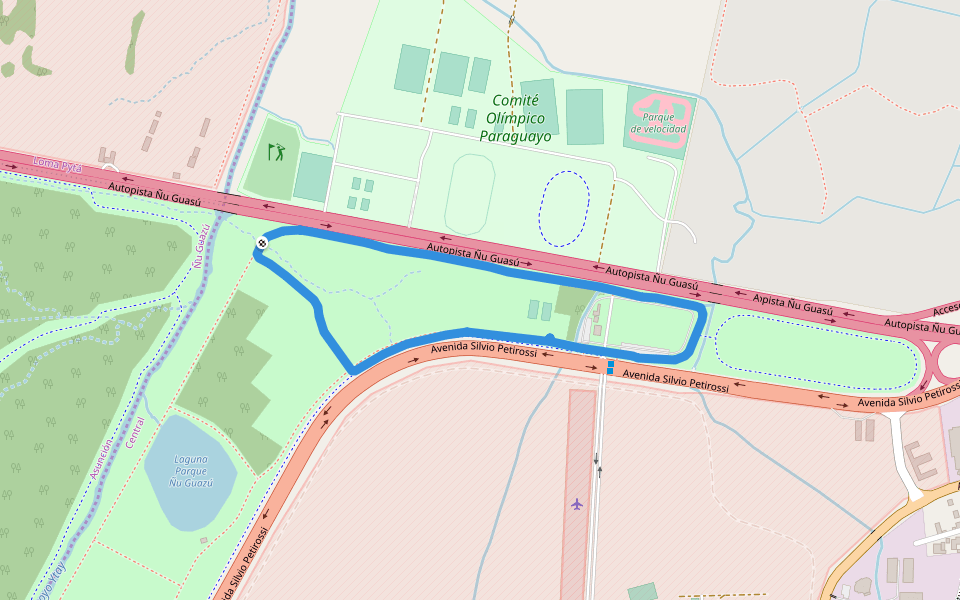 Parque Metropolitano Ñu Guasú walking route map in Itá
