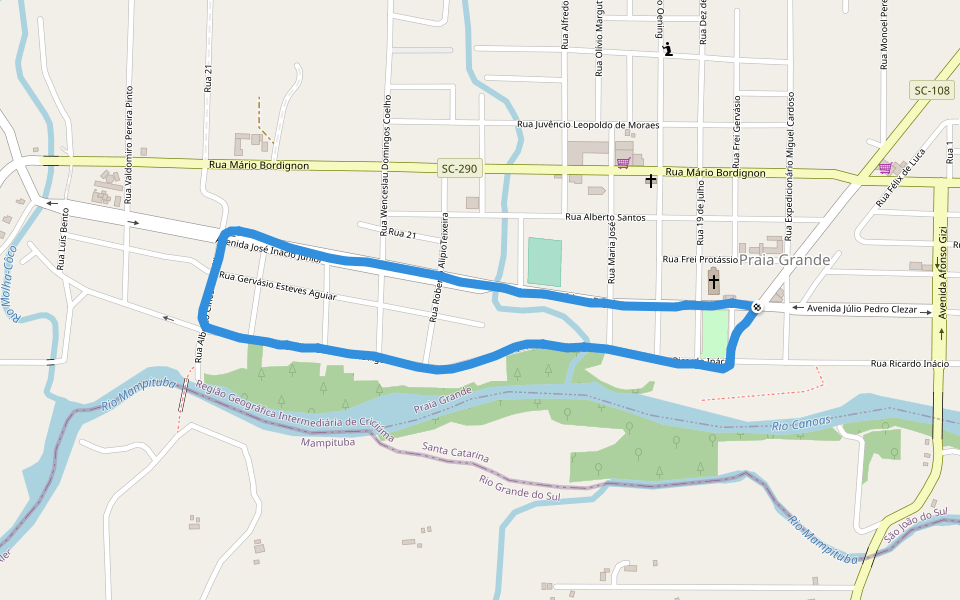 Praça São Sebastião walking route map in Praia Grande