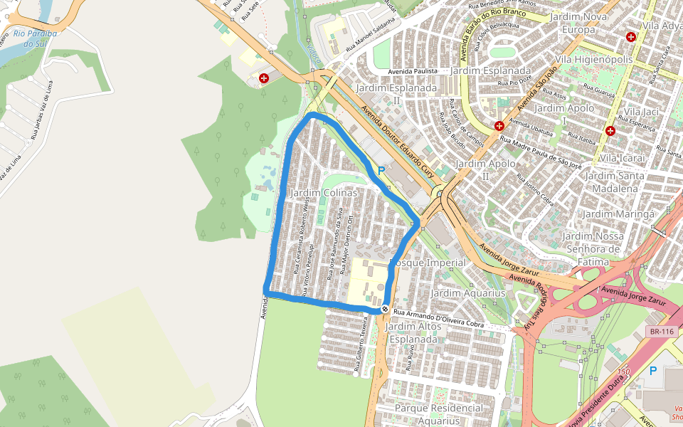 Faculdade Católica walking route map in São José dos Campos