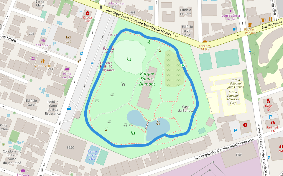 Parque Santos Dumont walking route map in São José dos Campos