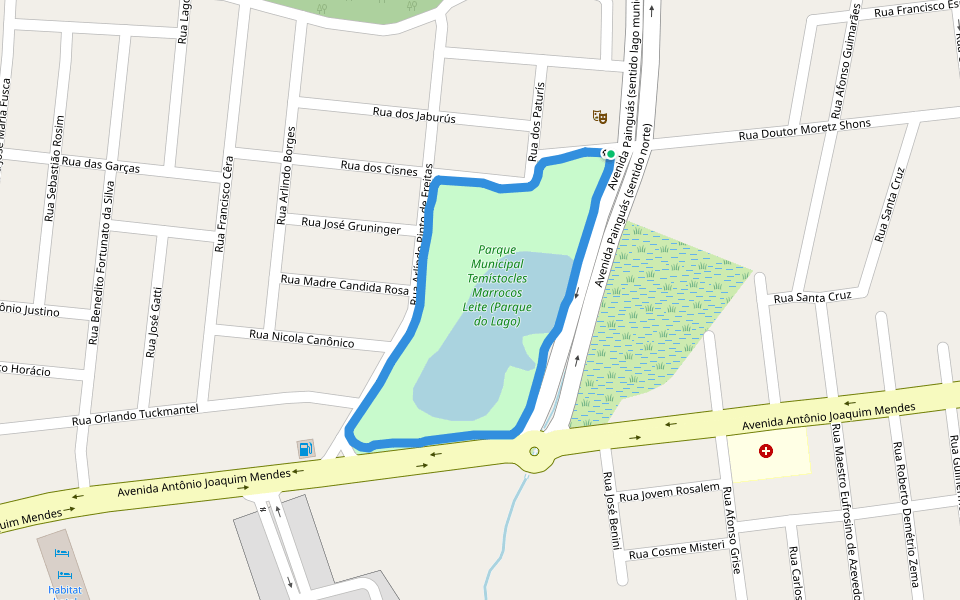 Parque Municipal Temístocles Marrocos Leite (Parque do Lago) walking route map in Pirassununga