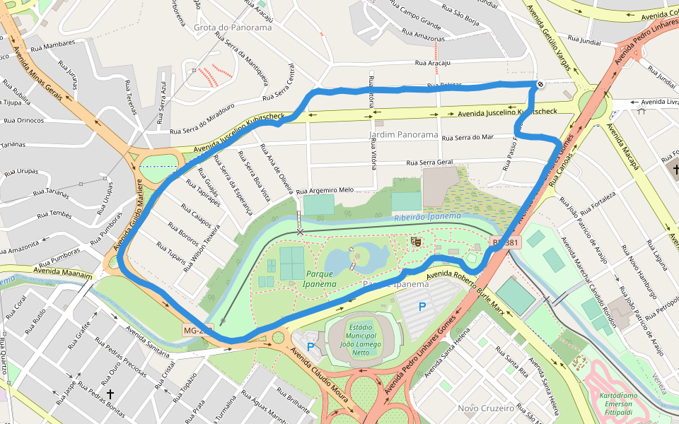Parque Ipanema walking route map in Ipatinga