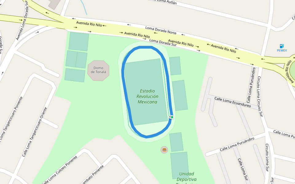 Estadio Revolución Mexicana walking route map in Tonalá