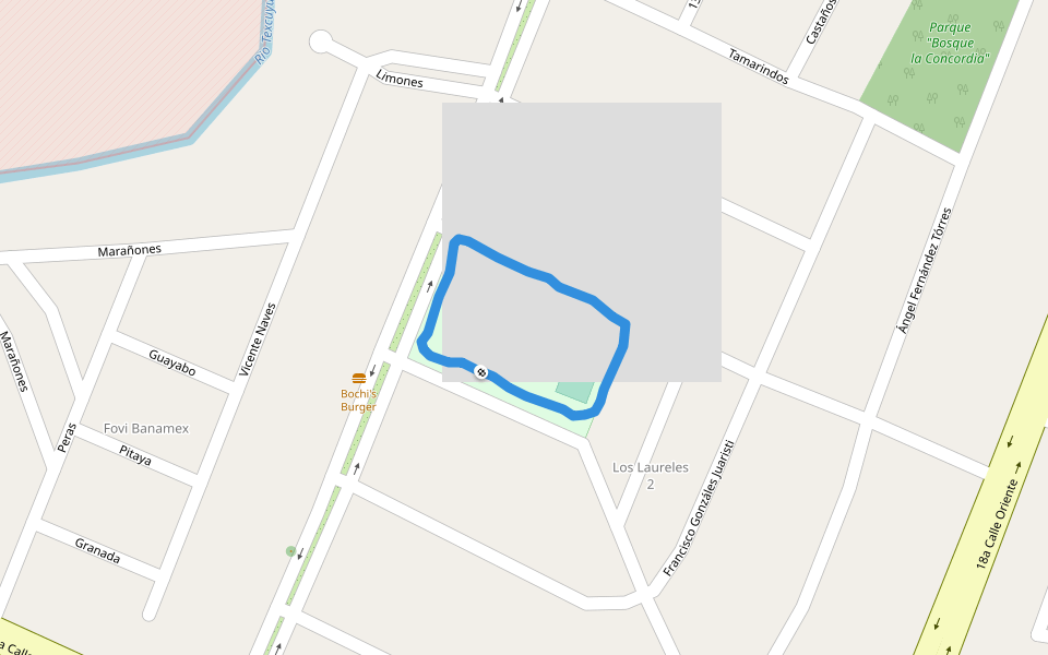 Parque "Los Laureles" walking route map in Tapachula de Córdova y Ordóñez